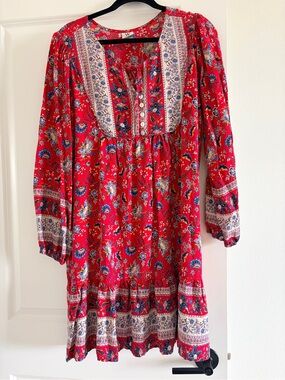 Women's Red Floral Boho Dress with Contrast Yoke